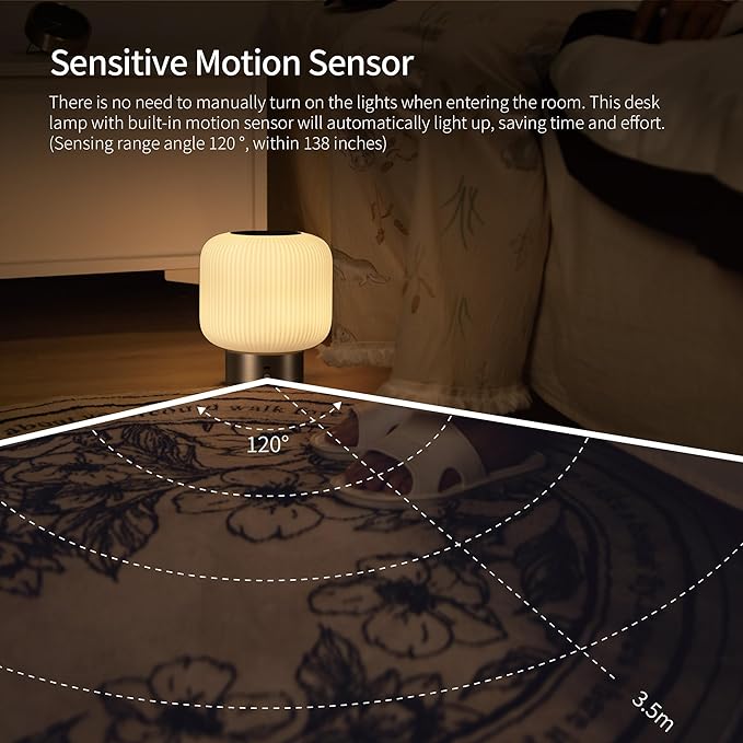 Aisilan Opal Glass Cordless Table Lamp, Touch Control & Motion Sensor, Stepless Dimmable Rechargeable Bedside Lamp for Bedroom & Living Room Decor