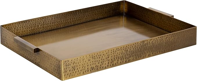 Kate and Laurel Samana Modern Glam Rectangle Metal Tray; 18 x 13 x 2; Brass; Rectangular Polished Stainless Steel Decorative Tray with Hammered Surface and Minimalist Handles