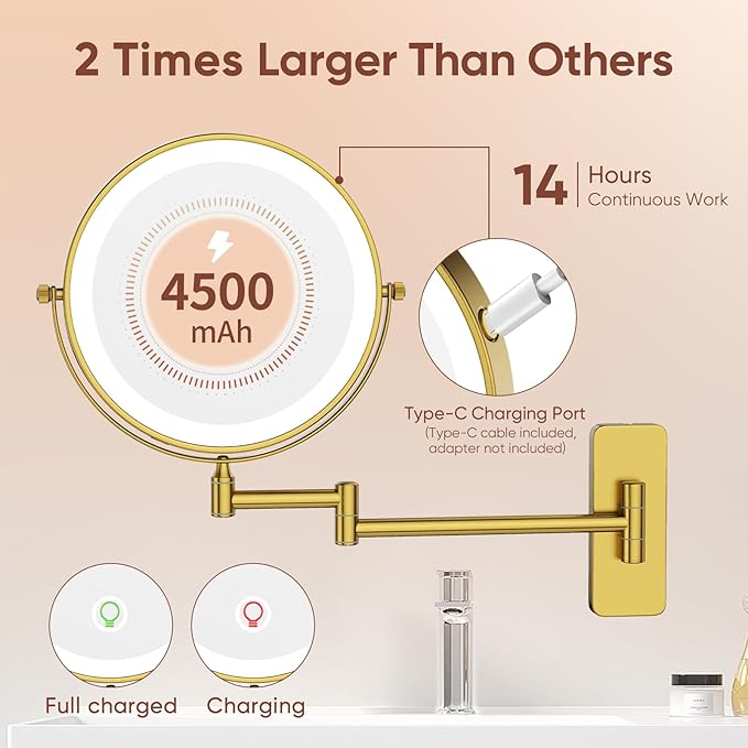 GURUN 8" Wall Mounted Lighted Makeup Mirror, 4500mAh Rechargeable 1&7X Magnifying Mirror with Light, | 3 Color LED Lighting & Touch Control | 360° Rotation & Extended Arm Wall Mounted Makeup Mirror