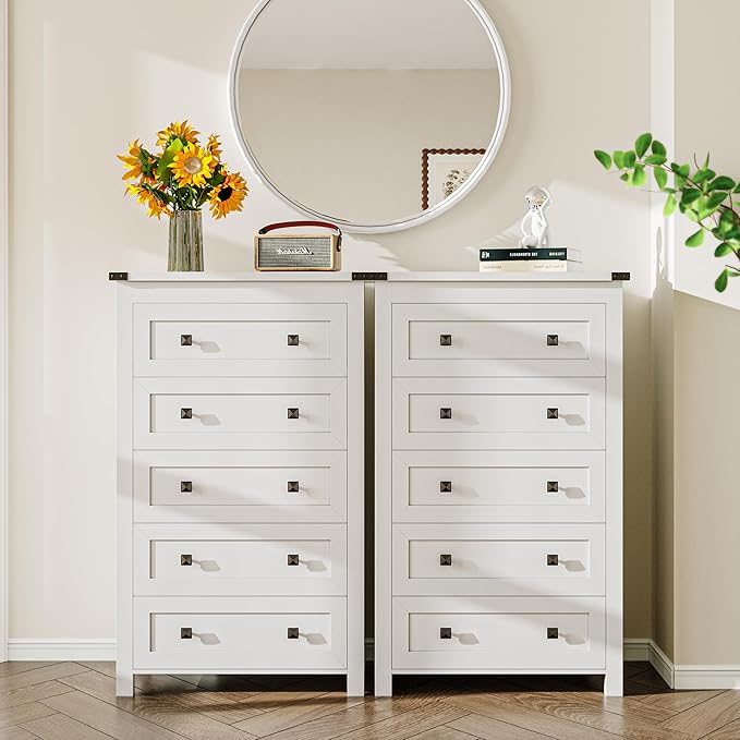 White Dresser Tall 5 Drawer Dresser for Bedroom, Wood Chest of Drawers with Metal Handles, Modern Storage Cabinet and Organizer Drawers for Living Room, Hallway