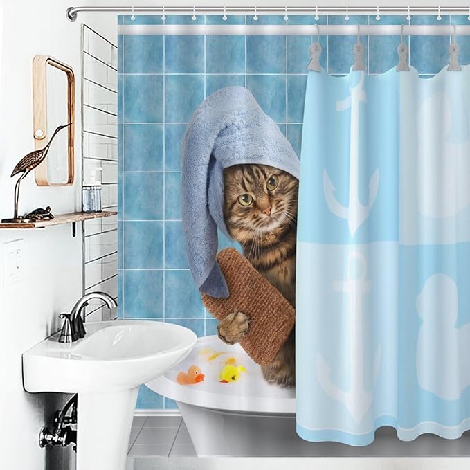 Cat Shower Curtain Funny Cat Taking Pattern Duty Fabric Shower Curtains Set Bathroom Polyester Waterproof with 12 Hooks, 55x72Inch（140x183cm）
