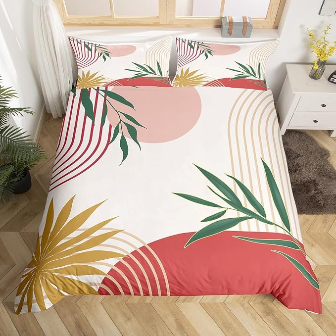 Erosebridal Boho Geometric Leaves Comforter Cover Full for Kids Boys Girls,Red Pink Gold Green Duvet Cover,Abstract Art Bedding Set,Retro Mid Century Bed Set 3 Pcs Bedroom Decor