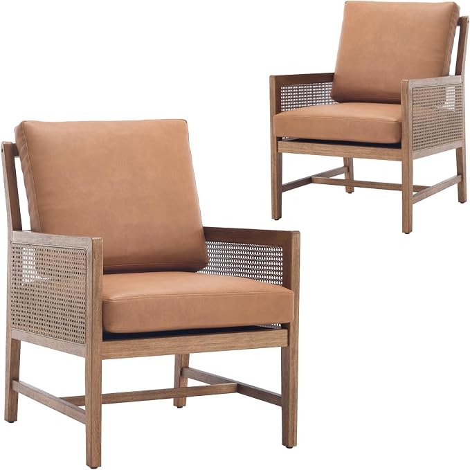 chairus Mid-Century Modern Accent Chairs Set of 2, Comfy Faux Leather Upholstered Armchairs with Cane Armrests & Slat Back, Solid Wood Rattan Reading Chairs for Living Room Bedroom Guest Room