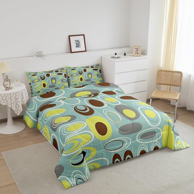 Erosebridal Teal Minimalist Bedding King Geometric Circles Comforter Set, Abstract Spiral Swirl Duvet Insert Geometric Stripes Down Comforter, Modern Aesthetic Bedding Comforter Sets Room Decor