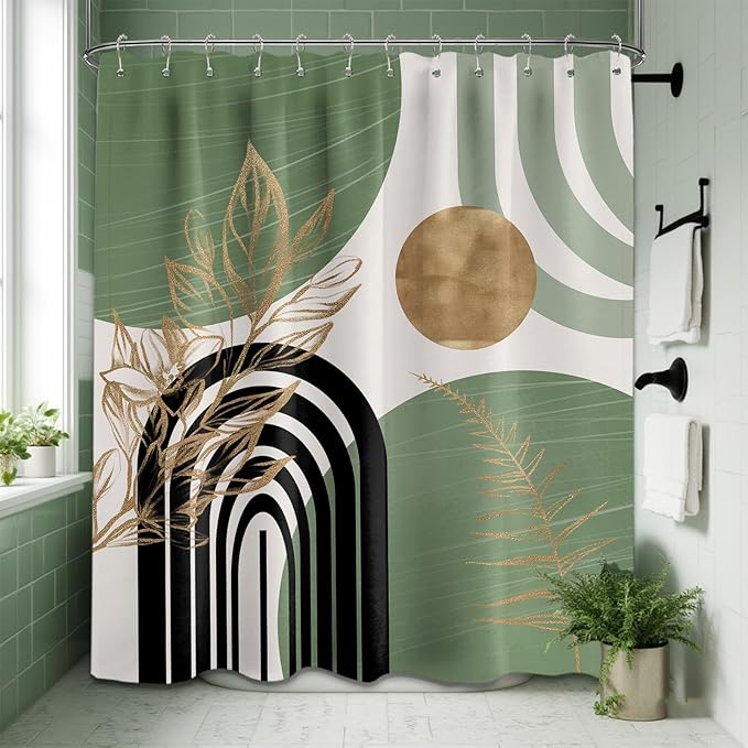 Sage Green Shower Curtain Boho Mid Century White and Light Green and Black Shower Curtains for Bathroom Decor, Waterproof Cloth Fabric with Hooks, 70" W x 72" L