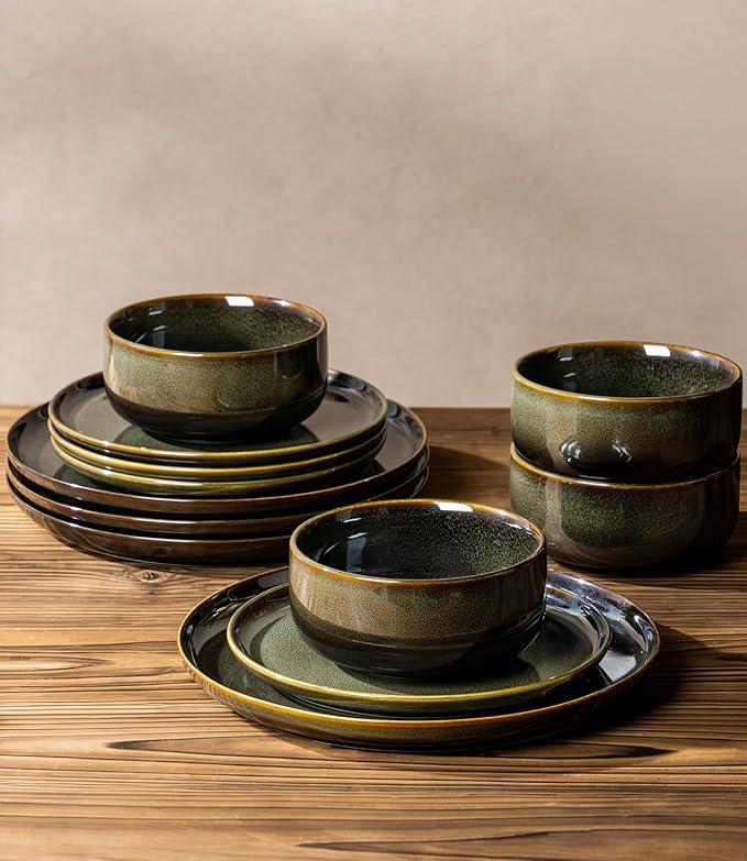 TheTerra Ceramic Dinnerware Sets, Handmade Reactive Glaze Plates and Bowls Set, Scratch Resistant Dish Set, Oven & Microwave & Dishwasher Safe, Sets for 4, Olive Green