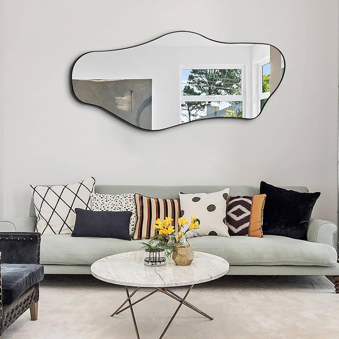 Large Irregular Mirror, 55"x25.6" Asymmetrical Wall Mirror with Metal Frame, Modern Abstract Full Body Mirrors for Living Room Bathroom Bedroom Hallway Entryway Fireplace, Cloud Shaped