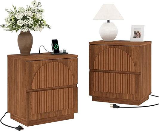 Nightstand with Drawers Set, 2-Drawer Arched Fluted Nightstand with Charging Station, Wooden Night Stand with Storage,Modern Furniture for Bedroom Organization,Walnut
