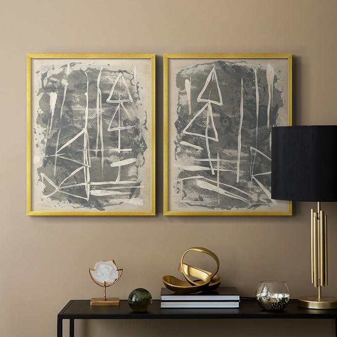 Renditions Gallery Set of 2 Peel & Stick Framed Prints, Trendy Abstract Wall Art, Textured Linework Striking Wall Decor, Re-Stickable - Ready to Hang - 22"x28" - GOLD Frame LT588