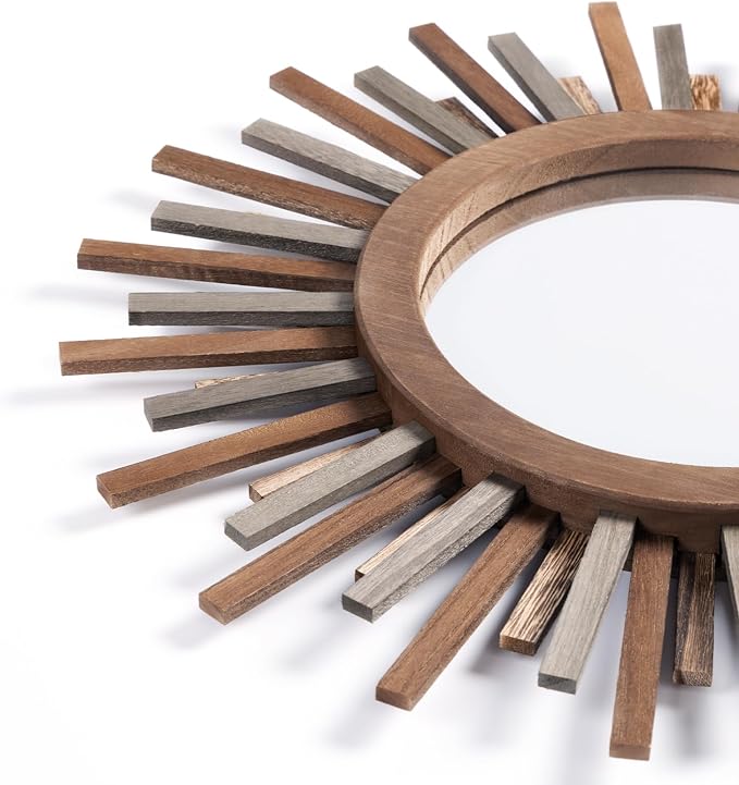 18 Inch Boho Sunburst Mirror, Decorative Rustic Farmhouse Wall Decor for Living Room, Bedroom, Bathroom, Hallway - Tricolor Wood Frame