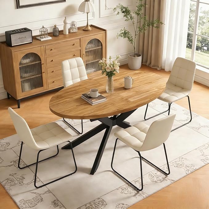 63"-78.7" Extendable Round Dining Table Set for 4, 5 Piece Mid Century Modern Oval Kitchen Table Set, Large Dining Table with 4 Dining Chairs for Living Room Space Saving（Walnut Table+4 Beige Chairs)