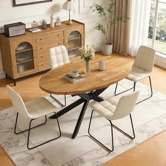 63"-78.7" Extendable Round Dining Table Set for 4, 5 Piece Mid Century Modern Oval Kitchen Table Set, Large Dining Table with 4 Dining Chairs for Living Room Space Saving（Walnut Table+4 Beige Chairs)