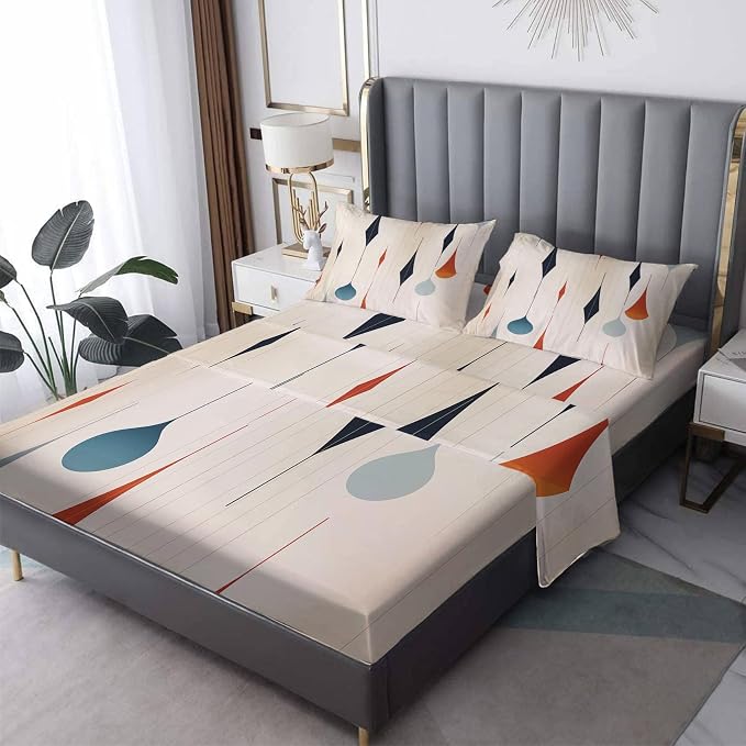 Mid Century Modern Bed Sheets Queen Size, Geometric Abstract Sheet Set, Soft Microfiber Deep Pocket Wrinkle Free Fitted Sheet & Flat Sheet & Pillowcase Sets, Neutral Retro Bedding Sheets - 4 Piece