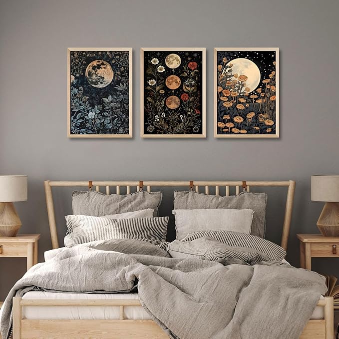 3Pcs Framed Moon Phase Plant Wall Art Canvas Retro Moon Flower Decoration Print Poster Picture Celestial Aesthetic Wall Printing Artwork Bedroom Living Room Office 12x16 Inche