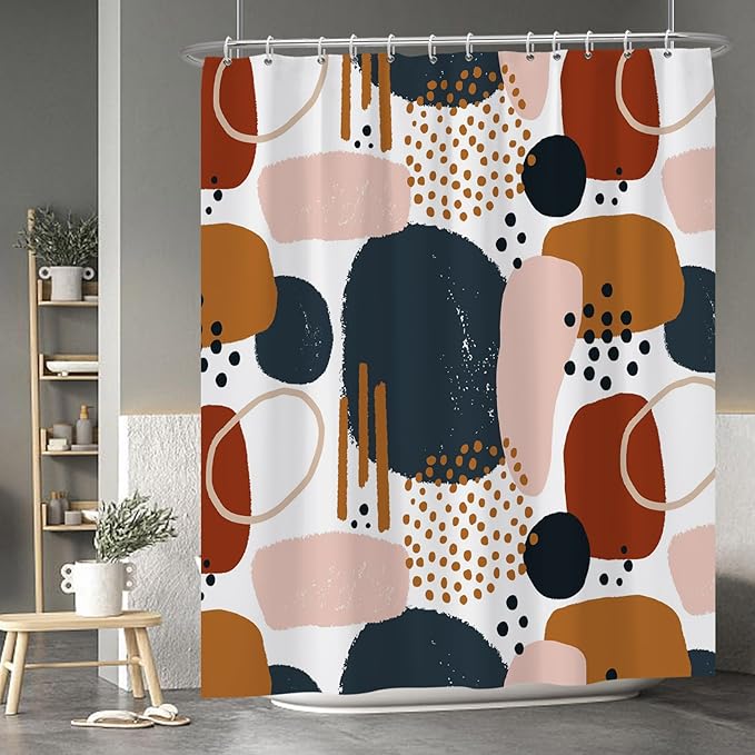 Baocicoo Abstract Shower Curtain Grey and Brown Blocks Black Dots Aesthetic Minimalist Shower Curtains for Bathroom Hostel Hotel Durable Fabric Waterproof Curtain for Bathroom with Hooks 72x84Inches