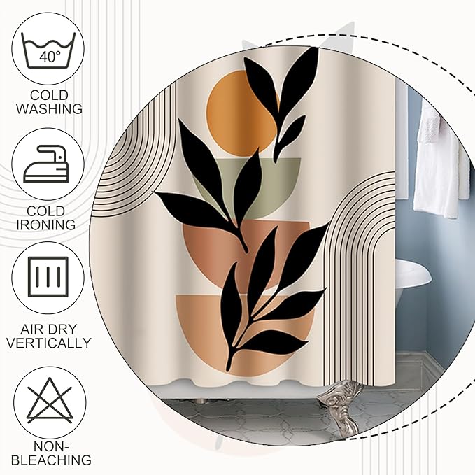Baocicoo Boho Mid Century Shower Curtain Set Modern Minimalistic Leaves Shower Curtain for Bathroom Dormitory Bathtub Decor Durable Fabric Waterproof Curtain for Bathroom with Hooks 72x72 Inches