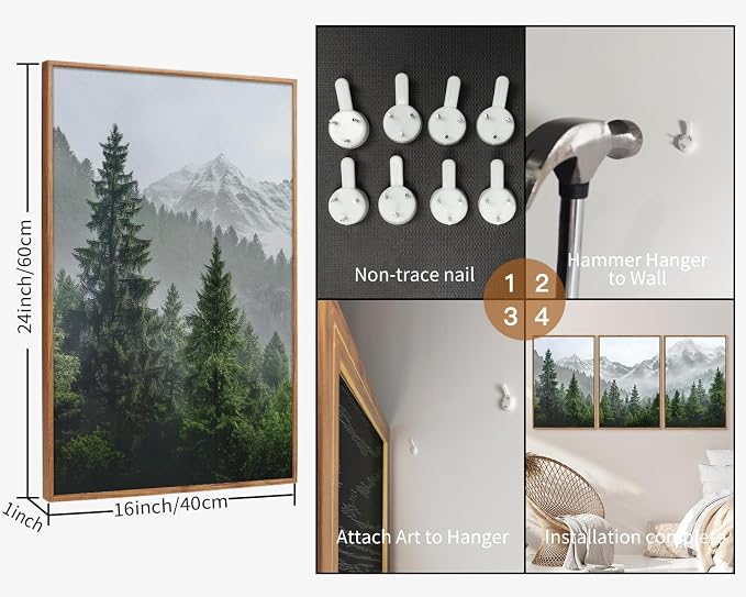 KaiWithYuan Misty Snow Mountain Framed Canvas Wall Art, Snowy Pine Tree Woodland Wall Decor, Calming Nature Forest Art Paintings, Minimalist Landscape Artwork for Bedroom Living Room Office 16"x24"x3