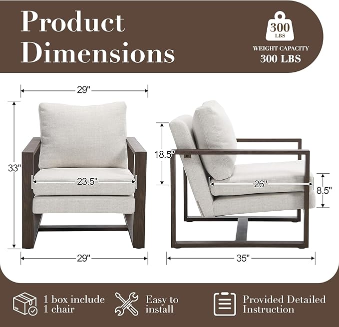 CIMOTA Modern Mid Century Accent Chair Comfy Armchair with 8.5" Thick Cushion & Armrests Upholstered Reading Lounge Chair with Metal Frame for Living Room Bedroom Office, Walnut Finish Beige