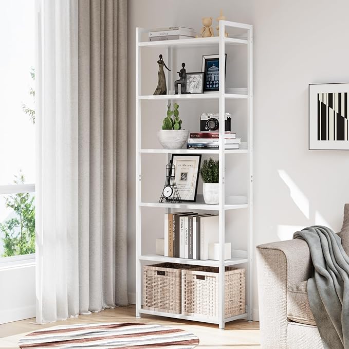NUMENN Bookshelf, 6 Tier Bookshelves, Home Office Bookcase Shelf Storage Organizer, Free Standing Storage Shelving Unit for Bedroom, Living Room and Home Office, White