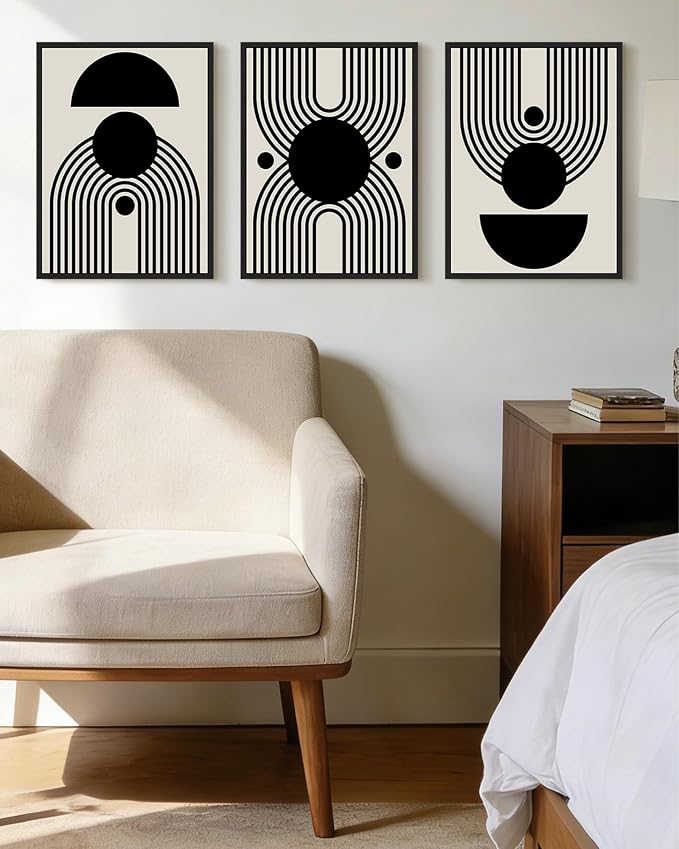 KUVIOKE Black Abstract Framed Wall Art Minimalist Geometry Lines Painting Artwork for Living Room Bedroom 12x16in (Black Framed)