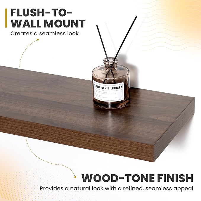16 Inch Floating Shelves, 9.3" Deep Floating Shelf Wall Mounted, 16" Wall Shelves, Rustic Deep Bookshelf, Large Display Shelves & Storage Shelves for Bedroom, Living Room, Walnut, Set of 2