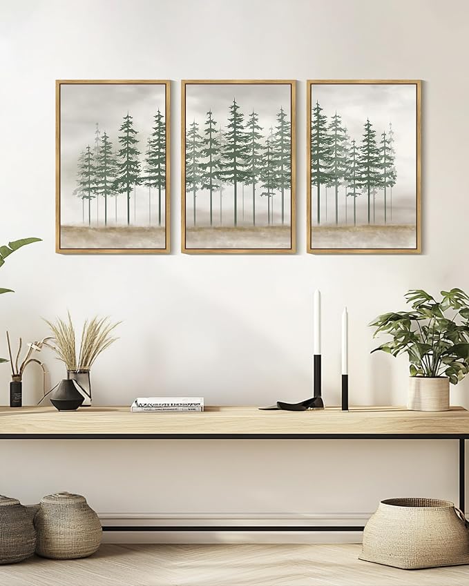 KUVIOKE Green Foggy Misty Pine Tree Framed Canvas Wall Art Watercolor Nature Abstract Forest Wall Decor Rustic Minimalist Painting for Bedroom Dining Room 16x24in (Natural Framed)