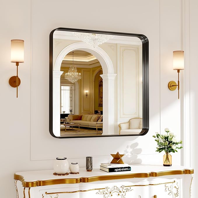 Bathroom Mirror for Wall, 30 Inch Square Mirror, Matte Black Metal Framed Square Vanity Mirror for Bathroom Bedroom Living Room Entryway, Anti-Rust, Tempered Glass, Hanging or Leaning