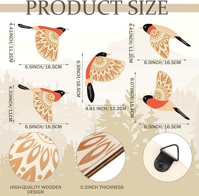 Barydat 5 Pcs Wooden Bird Wall Art Wood Flying Birds Wall Decor Rustic Folk Art Scandinavian Home Decor for Gift Living Room Bedroom Kitchen Office (Orange)