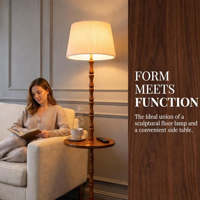 Real Wood Floor Lamp with Built-in Tray, Remote Control, Adjustable Brightness & 3 Color Temperatures, Dimmable Standing Lamp for Living Room, Bedroom, and Office – Easy Setup(Light Walnut)