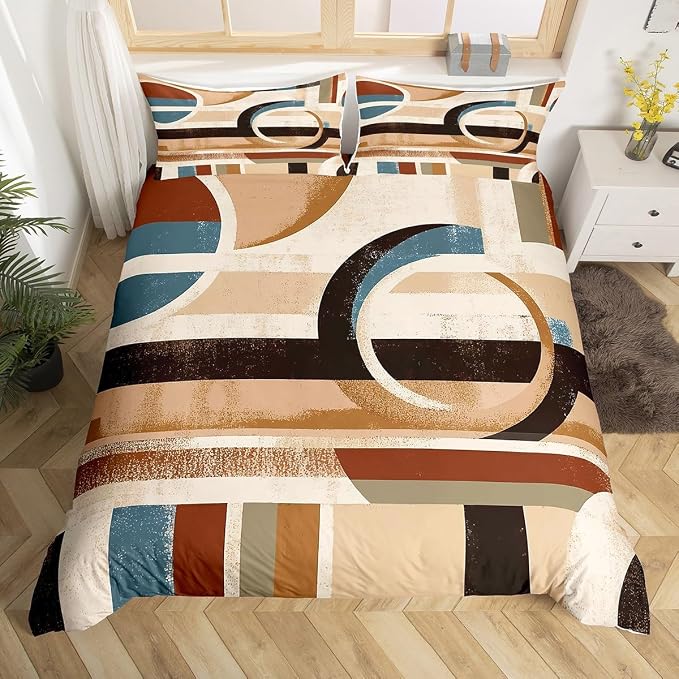 Modern Geometric Duvet Cover Set Full Size,Abstract Graffiti Striped Circle Bedding Set,Boys Girls Room Decor,Minimalist Aesthetic Simple Comforter Cover,Brown Quilt Cover,2 Pillowcases(No Filler)