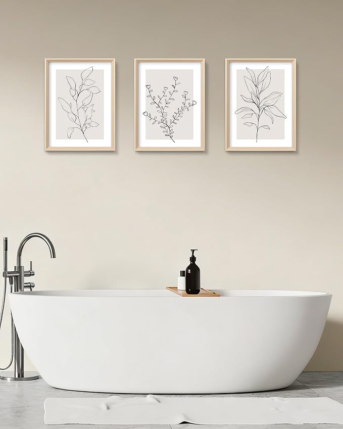 HesenDot 12x16in Botanical High Framed Wall Art Set of 3, Minimalist Line Drawing Plant Canvas Prints, Neutral Modern Nature Wall Decor for Living Room Bedroom Bathroom Office