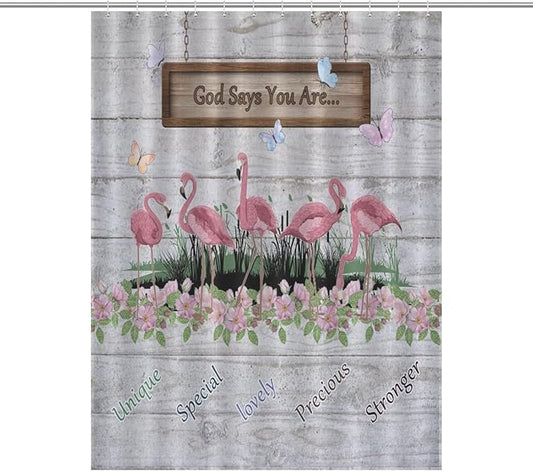 Flamingo Shower Curtain,Summer Beach Tropical Leaves Butterflys Floral with Inspirational Quotes Waterproof Shower Curtains for Bathroom Decor 12 Pack Hooks 55x72in（140x183cm）