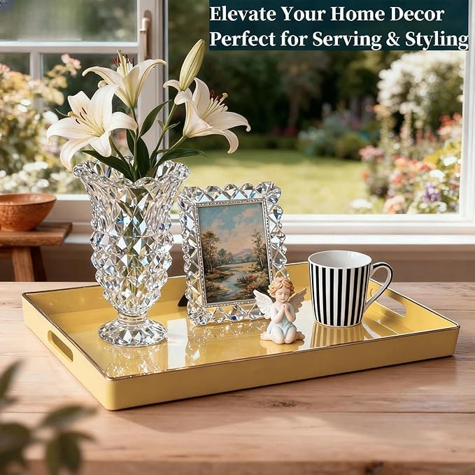 Decorative Tray, Rectangular Plastic Tray with Handles, Modern Vanity Tray and Serving Tray for Bathroom, Kitchen, Ottoman and Coffee Table, 15.6" x 10.2"(Light Yellow)
