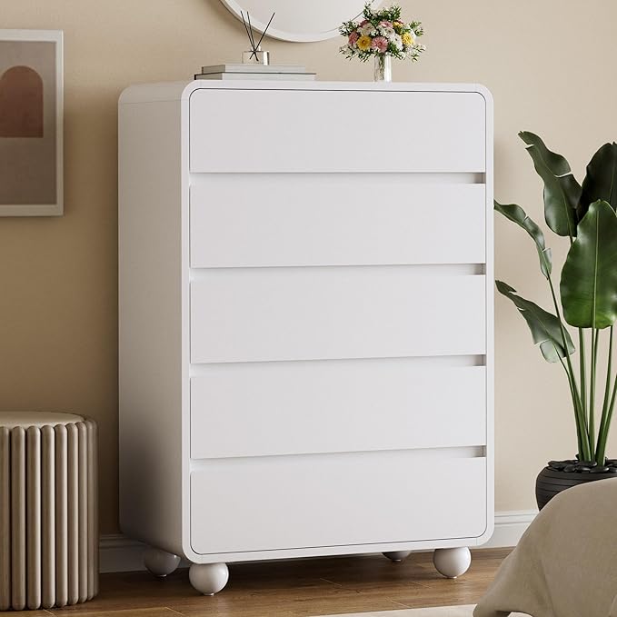 Lulive Wood Dresser for Bedroom, 41” Tall Chest of Drawers with 5 Drawers, Modern Closet Storage Drawer with Curved Profile Design for Living Room, Hallway, Entryway, White