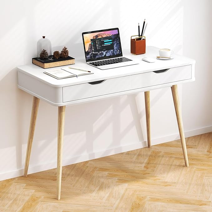 POWERSTONE Mid Century Office Desk with 2 Drawers - Vintage Writing Desk Computer Workstation with Sturdy Rubberwood Legs & Spacious 43.5" Desktop for Home Office Bedroom