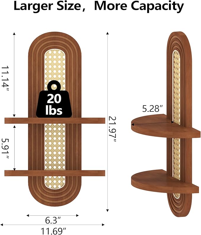 Floating Shelves for Wall,Boho Rattan Plant Shelf Wall Mounted,Mid Century Hanging Small Decorative Shelf,2 Tier Natural Wood Shelves for Living Room,Bedroom,Nursey Room,1-Pack (Walnut)