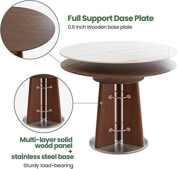 47” Round Dining Table with Solid Wood Base, White Sintered Stone Tabletop, Scratch and Heat Resistant, Modern Marble Table for Kitchen, Dining Room
