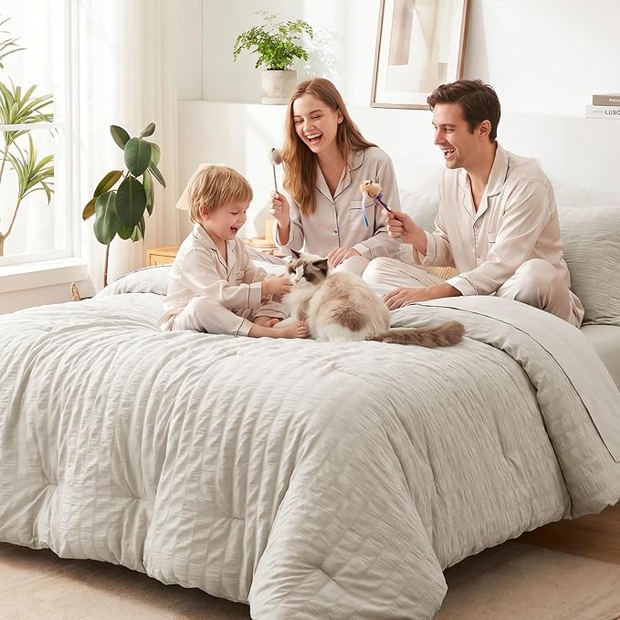 CozyLux King Size Comforter Set Beige, 7 Pieces Seersucker Textured Luxury Bed in a Bag, All Seasons Soft Bedding Sets with Down Alternative Comforter, Sheets, Pillowcases & Shams, Home Gift