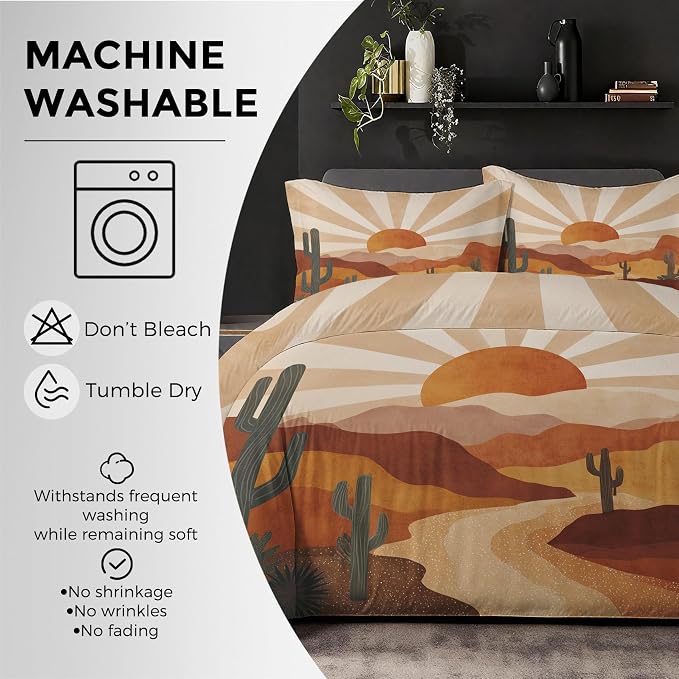 Boho Sun Duvet Cover California King Size, Mid Century Bedding Set 3 pcs with 2 Pillow Covers, Retro 70s Bedroom Decor, Soft Microfiber Reversible, Zipper & Ties KJJT 81