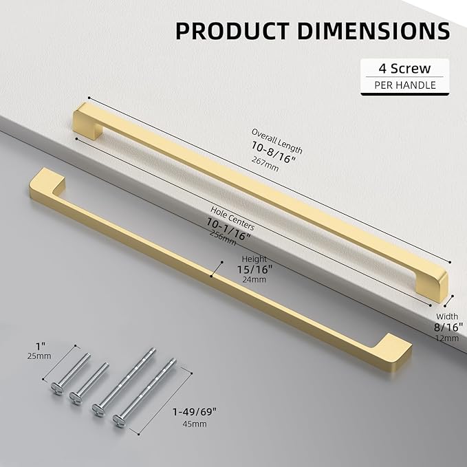 10 Pack 10-1/16 Inch Brushed Gold Cabinet Pulls Solid Zinc Alloy Gold Cabinet Handles - Brushed Brass Dresser Drawer Pulls for Kitchen Cabinet Hardware Zinc Alloy Handles