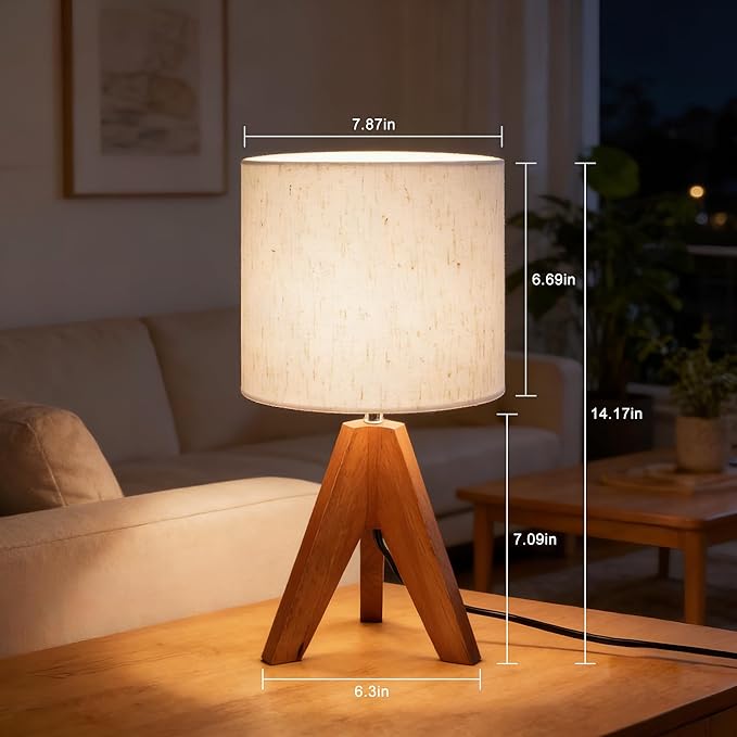 Table Lamp, Small Side Table lamp with Linen Shade, Bedside Lamps for Living Room, Bedroom, Night Stands, Nursery, Kids Room, Wood Base, E26 Socket, 14.2 Inch（1pcs）