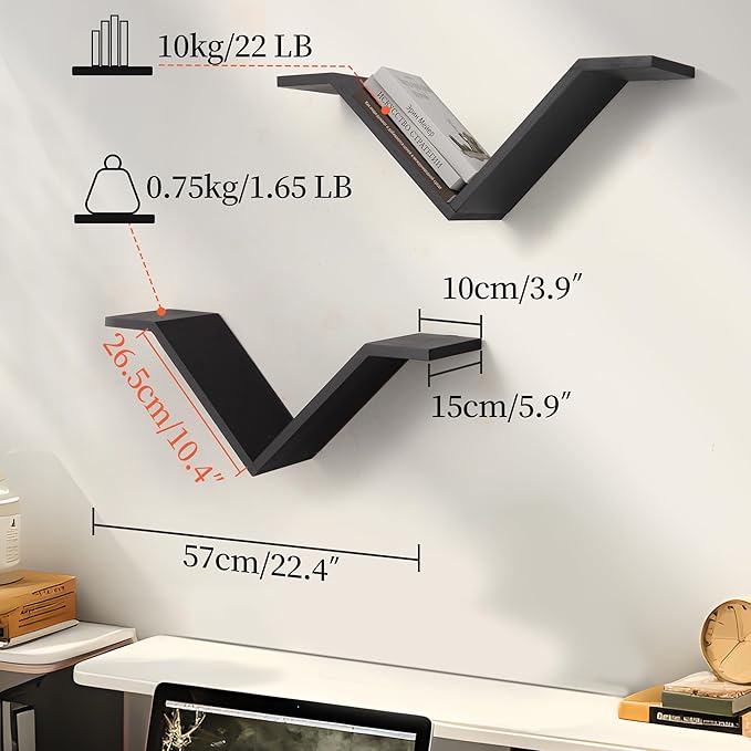 Book Shelf for Wall Set of 2, Modern Hanging Bookshelf Wall Mounted Desktop Book Shelves Black Organizer for Bedroom Livingroom Office