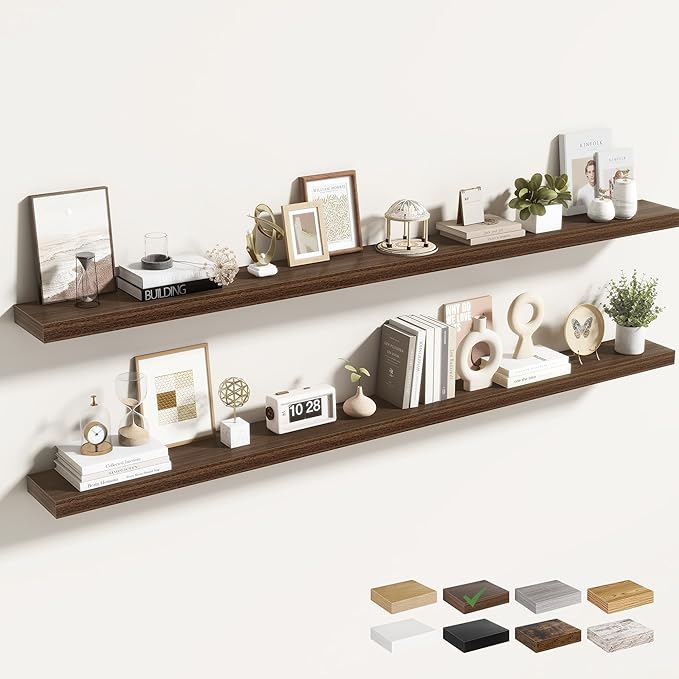 72 Inch Floating Shelves for Wall 2 Pack, 72" Wall Shelves for Books, Storage, Decor, Wall Mounted Floating Shelf with Invisible Brackets for Kitchen, Living Room, Walnut