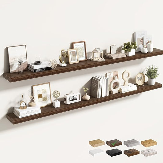 72 Inch Floating Shelves for Wall 2 Pack, 72" Wall Shelves for Books, Storage, Decor, Wall Mounted Floating Shelf with Invisible Brackets for Kitchen, Living Room, Walnut