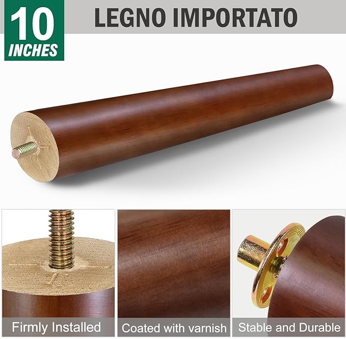 FoDau770 Brown Rubber Wood Furniture Legs 10 Inches, Slant Tapered Wood Feet Mid Century Sofa Legs Set of 4, 5/16" UNC Furniture Feet Replacement Parts for Cabinet Couch Dresser Chair Ottoman Table