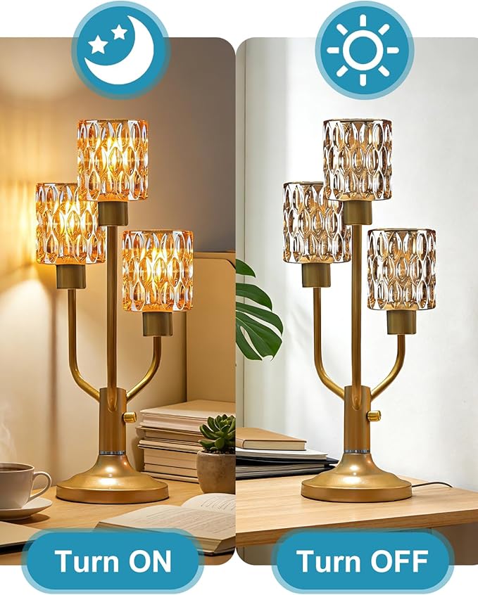 Lightdot Mid Century Modern Table Lamp for Bedroom Dimmable Nightstand Lamp Vintage Gold Desk Lamp Amber Glass 3 Bulbs Included Warmwhite Ambient Bedside Lamps for Living Room Home Office Decor Gift