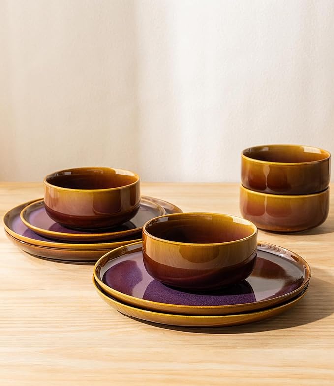 TheTerra Ceramic Dinnerware Sets for 4, 12 Pieces Handmade Reactive Glaze Plates and Bowls Set, Scratch Resistant Dish Set, Oven & Microwave & Dishwasher Safe, Amber Amethyst