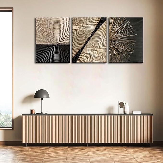 3Pcs Retro Wood grain Abstract Canvas Wall Art Minimalist Black Golden Line Texture Wall Decor Pictures Neutral Geometric Beige Brown Poster Prints for Living Room Bedroom Home Decoration 16x24in