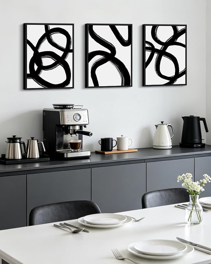 KUVIOKE Black and Grey Abstract Framed Wall Art Minimalist Ink Wash Lines Painting Artwork for Bedroom Hallway 11x14in (Black Framed)