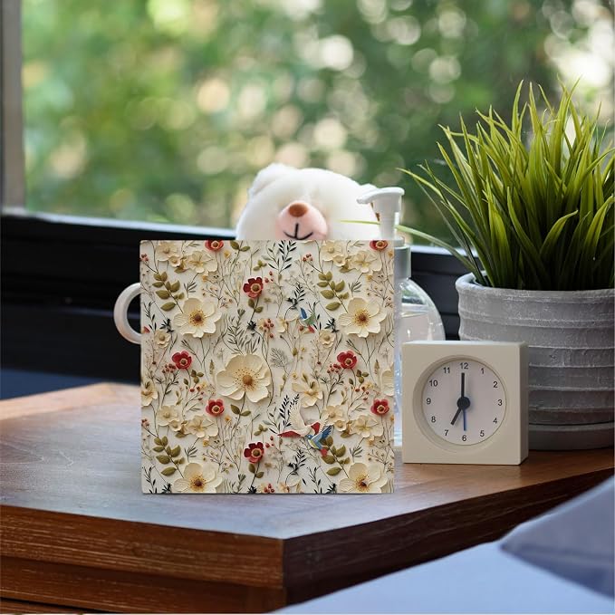 Spring Floral Bird 3D-Style Wooden Box Sign Desk Decor, Vintage Exquisite Rustic Wildflower Botanical Wood Signs for Home Living Room Office Desk Table Shelf Decorations, 5x5 Inch